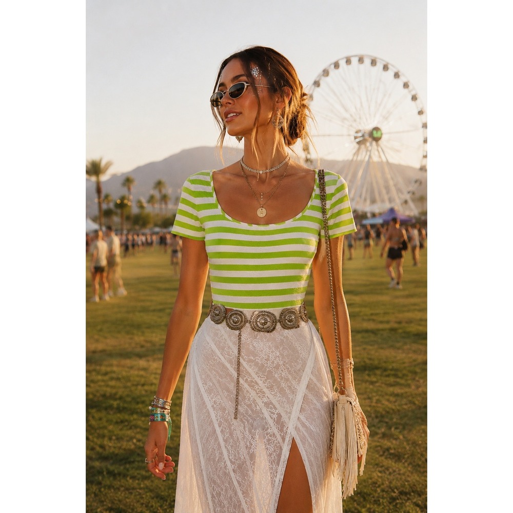 Cosabella Womens Green Cream Striped Mesh Bodysuit Italy Med Vintage Y2K 90s